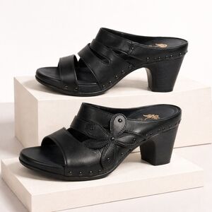 Dansko Nigella Black Leather Mule Sandal Sz 37 Studded Floral Clog Heel